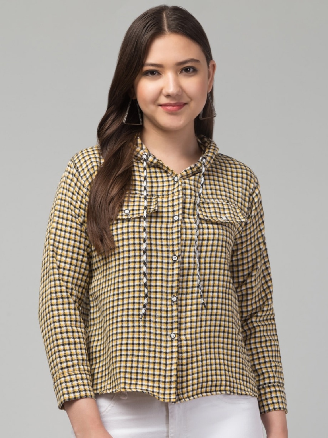 

Vastrasky Global Gingham Checked Hooded Casual Shirt, Mustard
