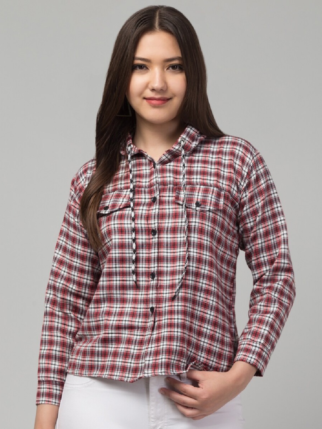 

Vastrasky Global Gingham Checked Hooded Casual Shirt, Red