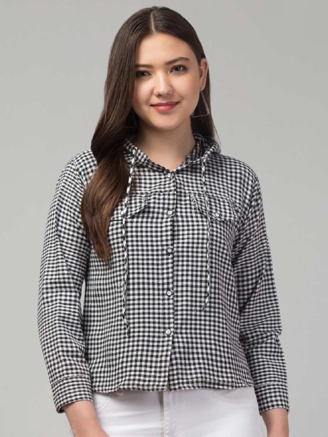 

Vastrasky Global Gingham Checked Hooded Casual Shirt, Grey