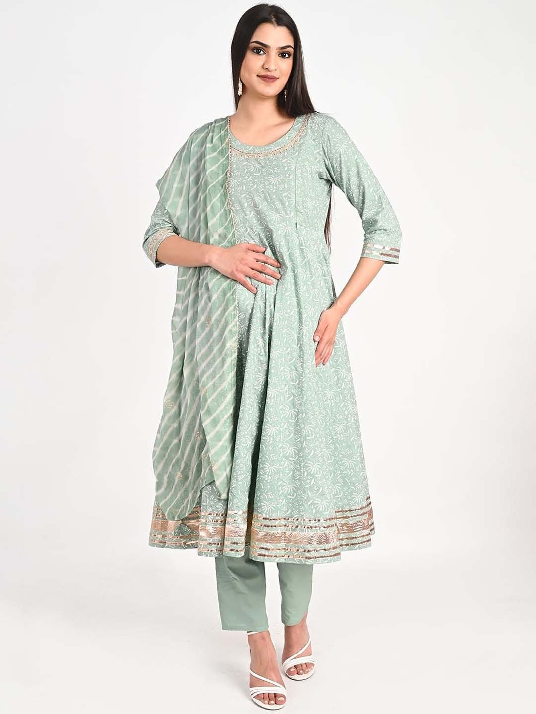 

mumzhug Floral Printed Pure Cotton Maternity Feeding Anarkali Kurta & Palazzos & Dupatta, Green