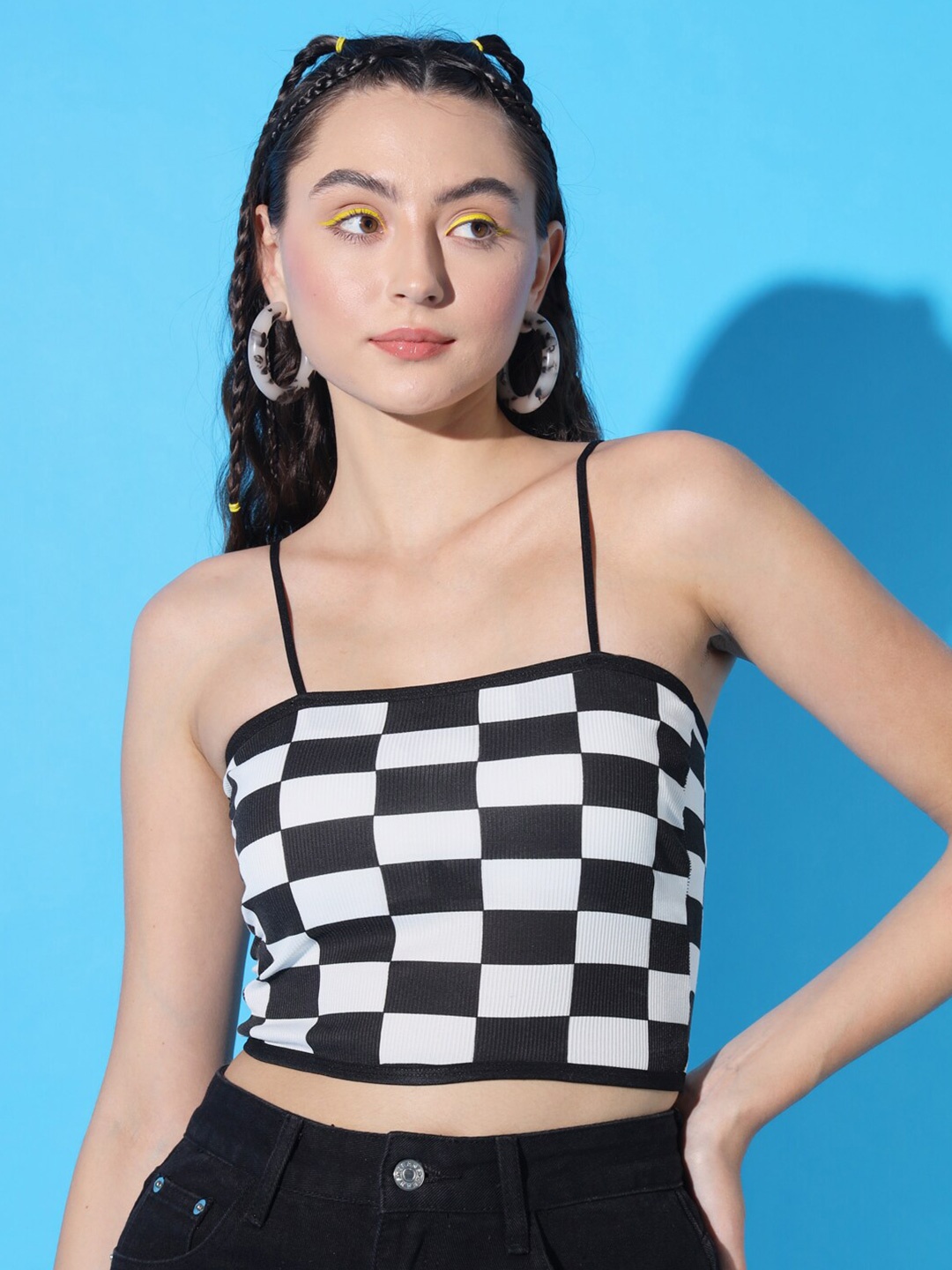 

BAESD Checked Shoulder Straps Crop Top, White