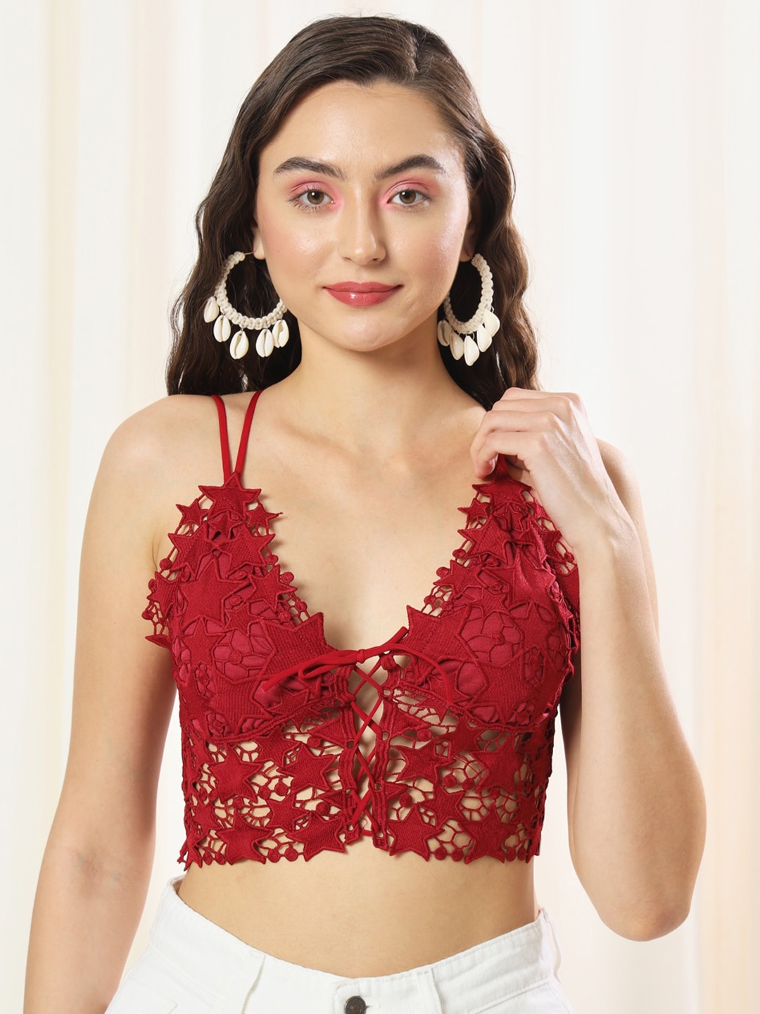 

BAESD Self Design Shoulder Straps Bralette Crop Top, Maroon