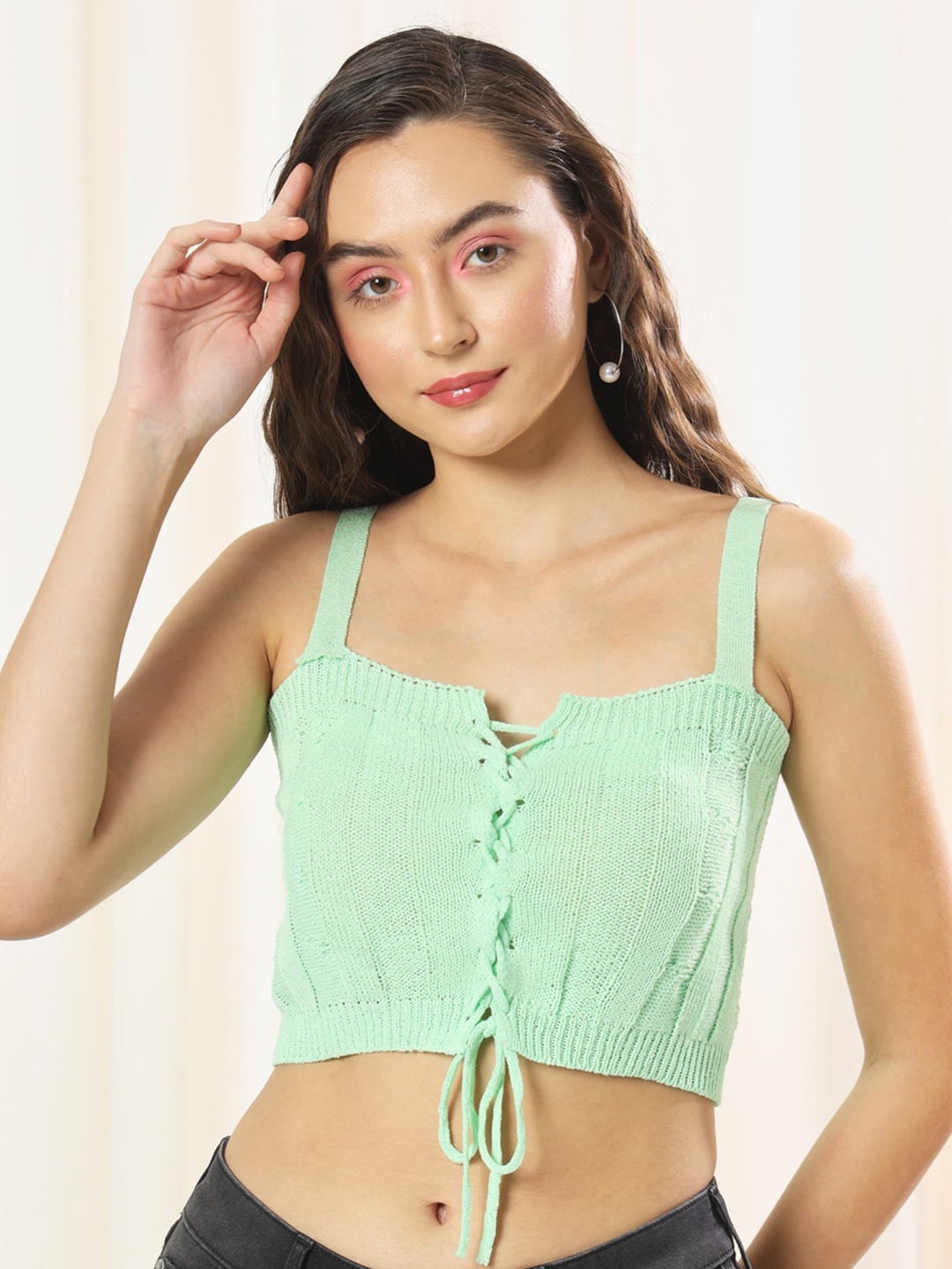 

BAESD Vertical Stripes Shoulder Straps Crop Top, Green