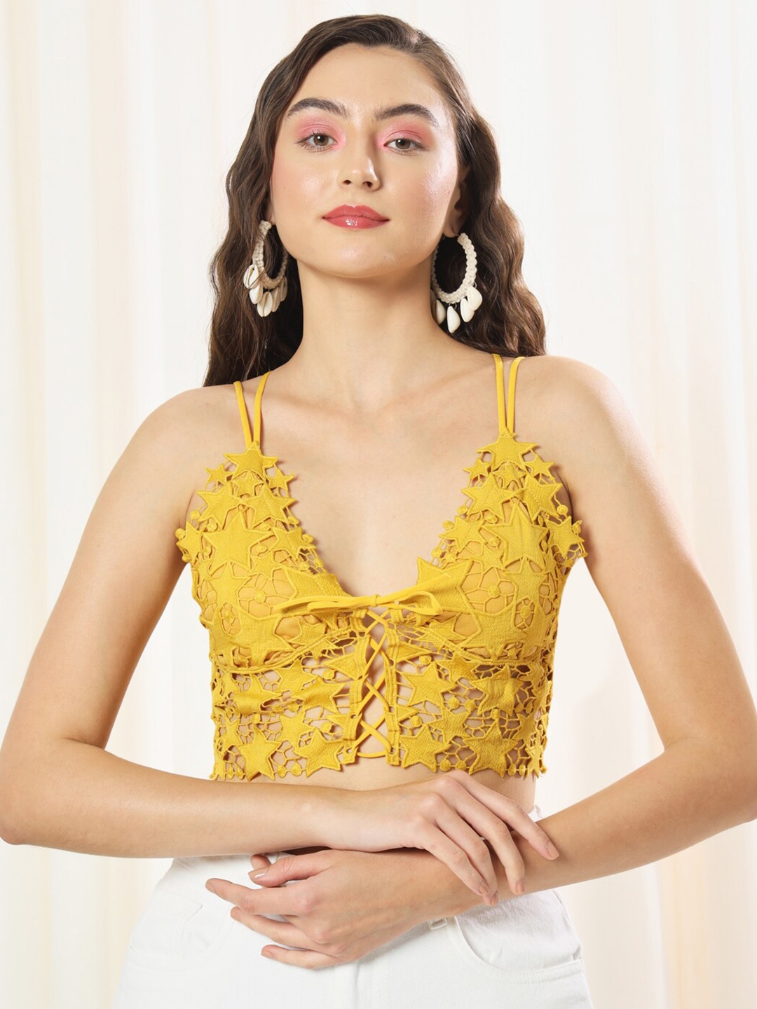 

BAESD Floral Printed Shoulder Straps Bralette Crop Top, Yellow