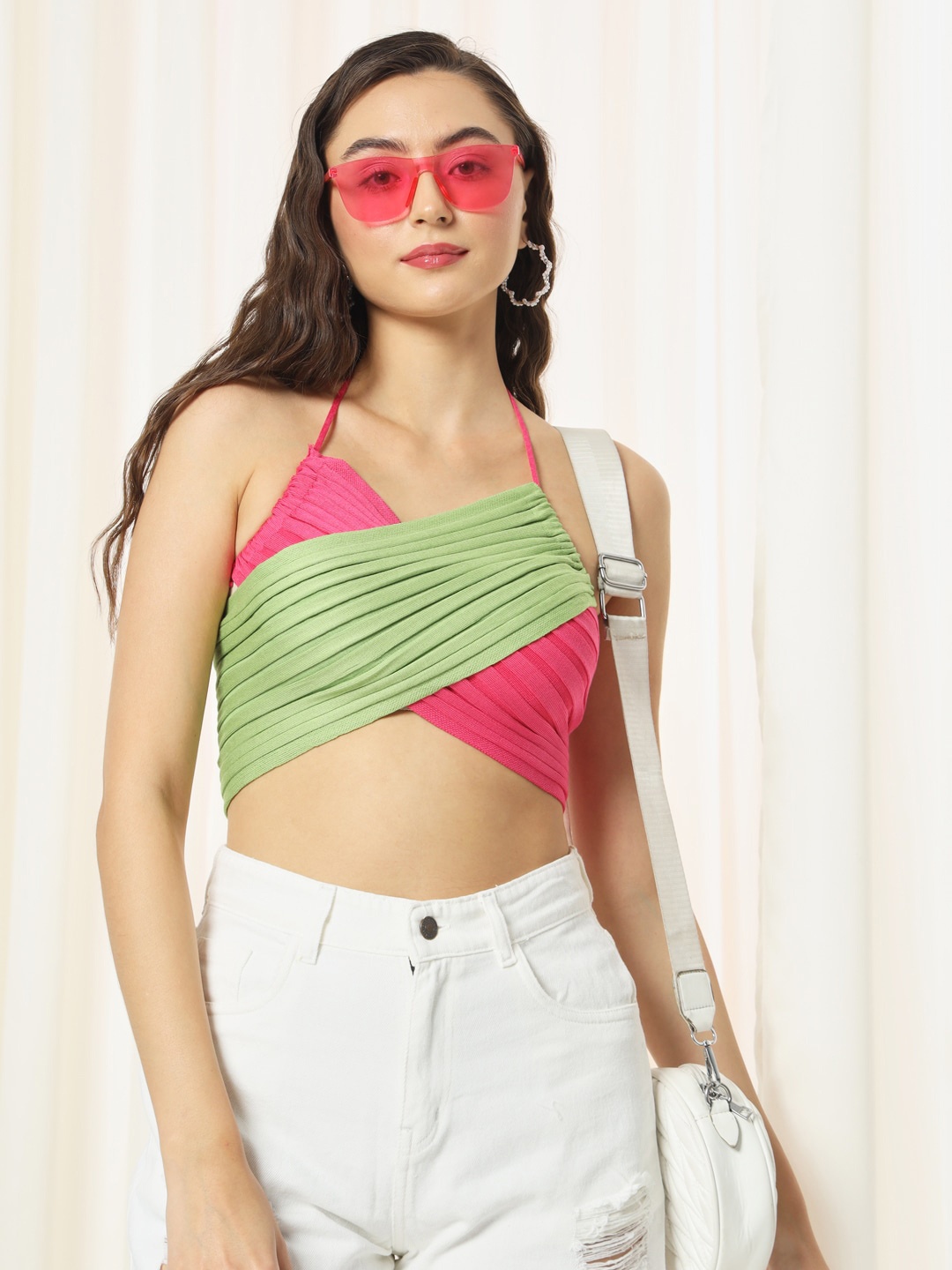 

BAESD Halter Neck Striped Crop Top, Green