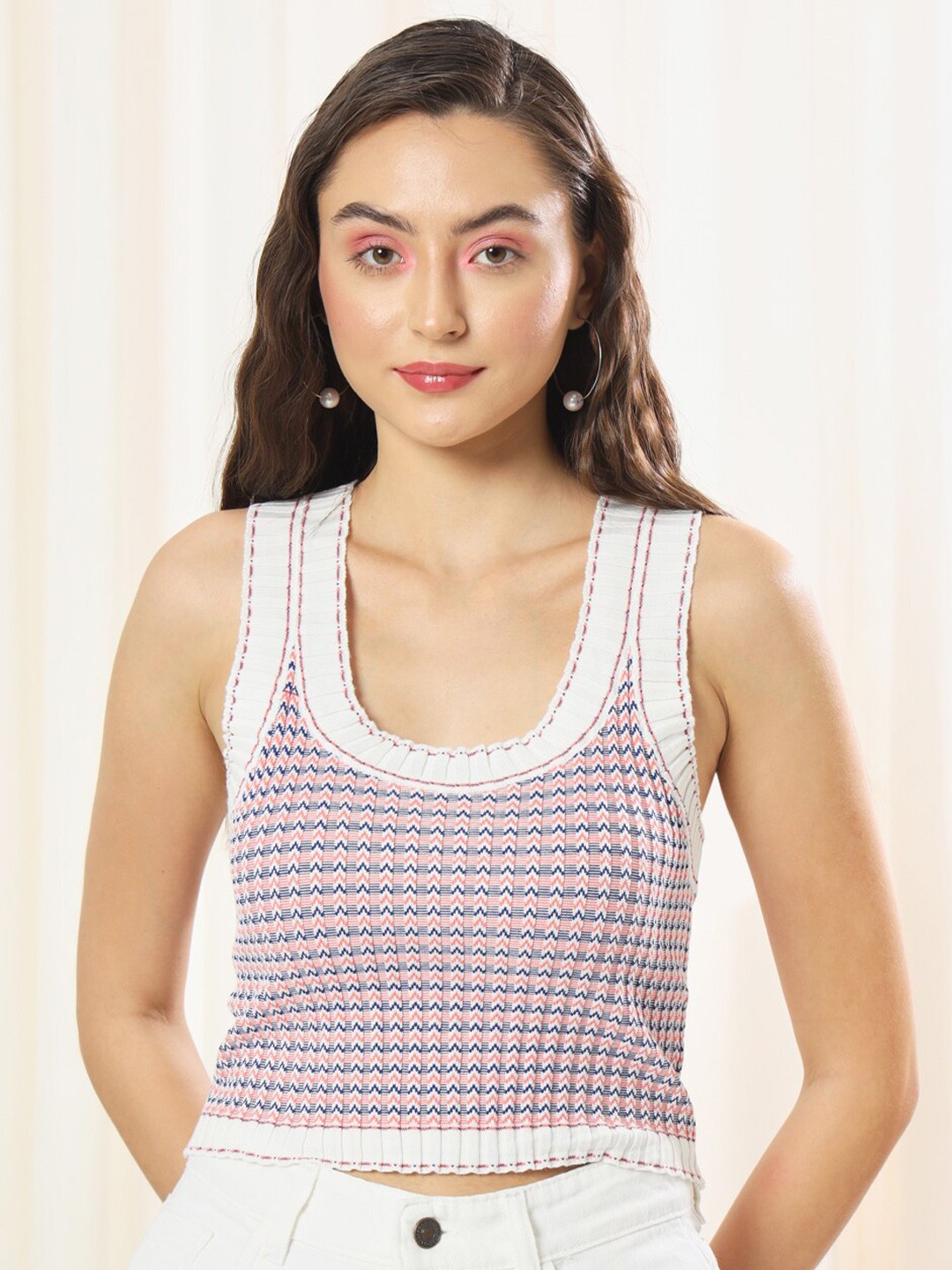 

BAESD Geometric Printed Scoop Neck Sleeveless Crop Fitted Top, Multi