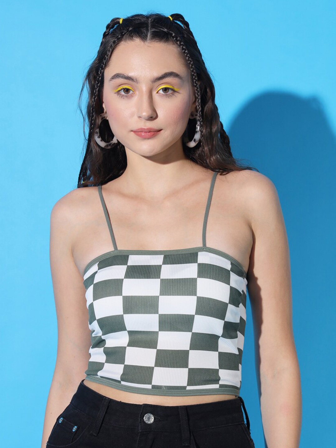 

BAESD Geometric Print Shoulder Straps Crop Top, Grey