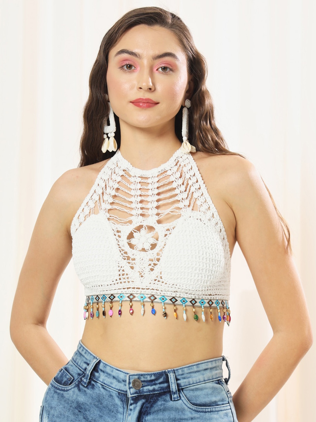 

BAESD Self Design Halter Neck Bralette Crop Top, White