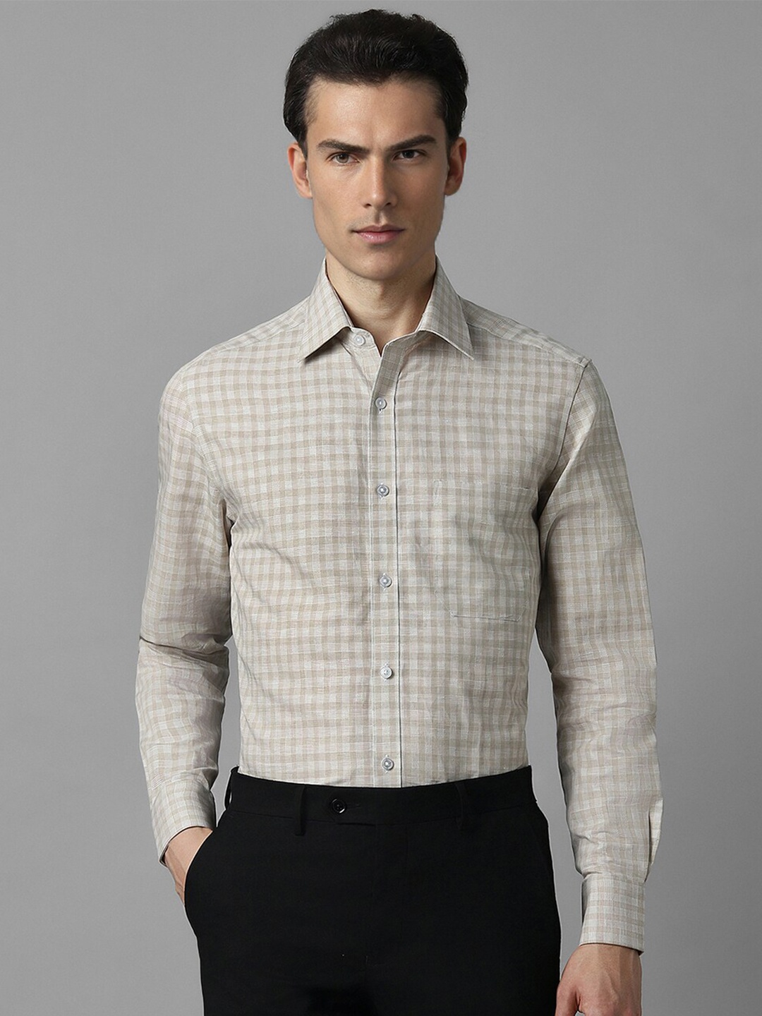 

Louis Philippe Checked Cotton & Linen Formal Shirt, Beige