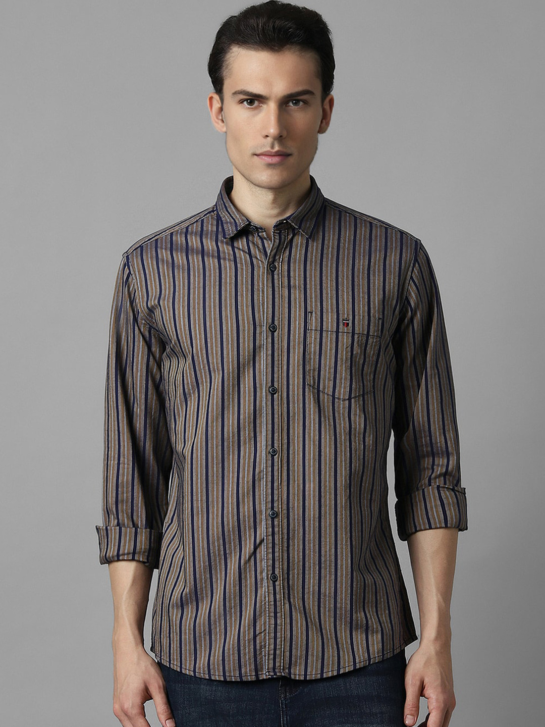 

Louis Philippe Jeans Slim Fit Vertical Striped Pure Cotton Casual Shirt, Brown