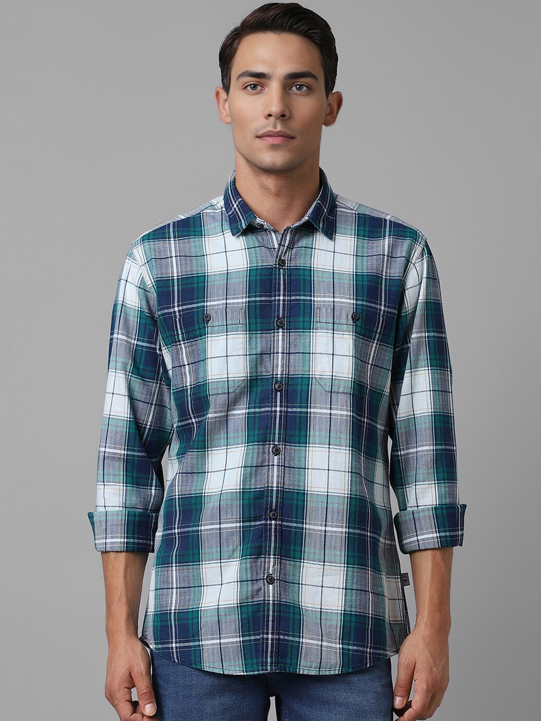 

Louis Philippe Jeans Slim Fit Checked Pure Cotton Casual Shirt, Blue