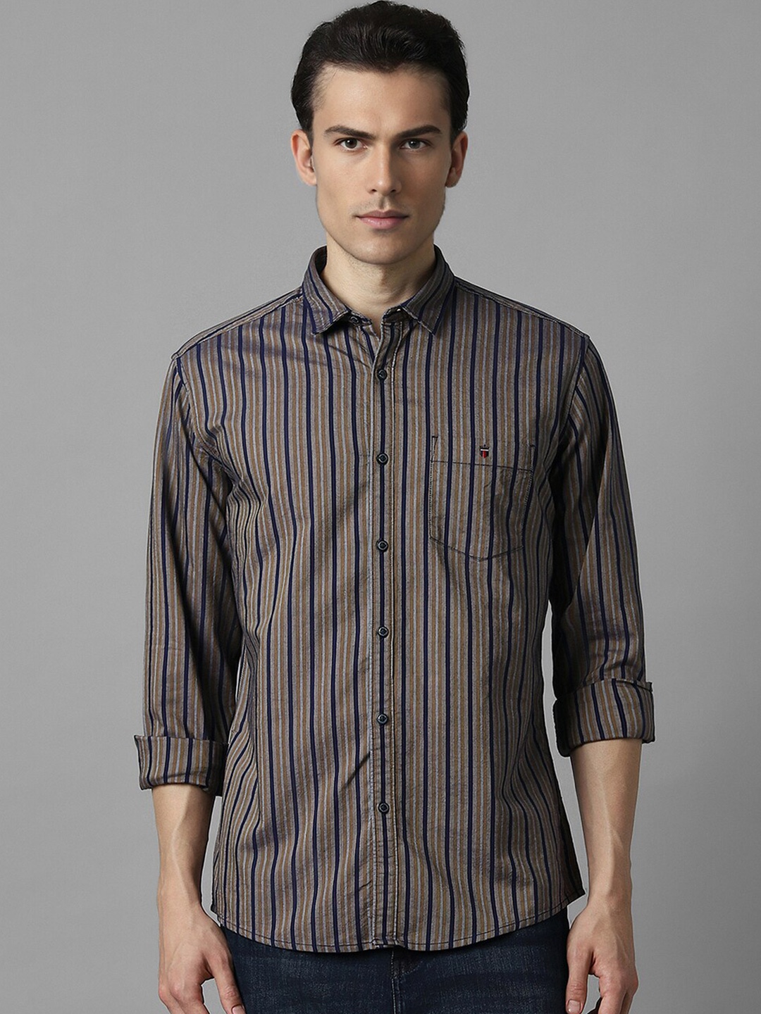 

Louis Philippe Jeans Slim Fit Vertical Striped Pure Cotton Casual Shirt, Brown