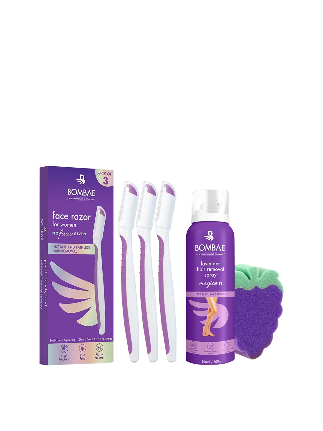 

BOMBAE 3Pcs No Fuzz Given Face Razor with Magic Mist Hair Removal Spray 200g, Purple