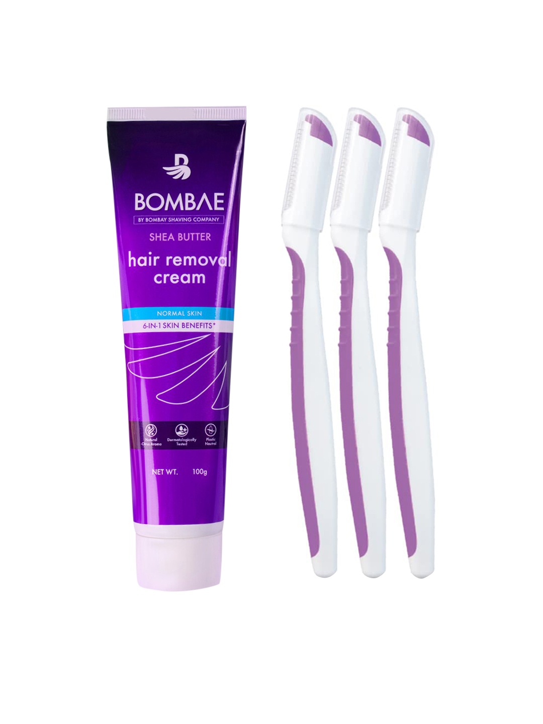

BOMBAE 3Pcs No Fuzz Given Face Razor with Shea Butter Hair Removal Cream, Purple