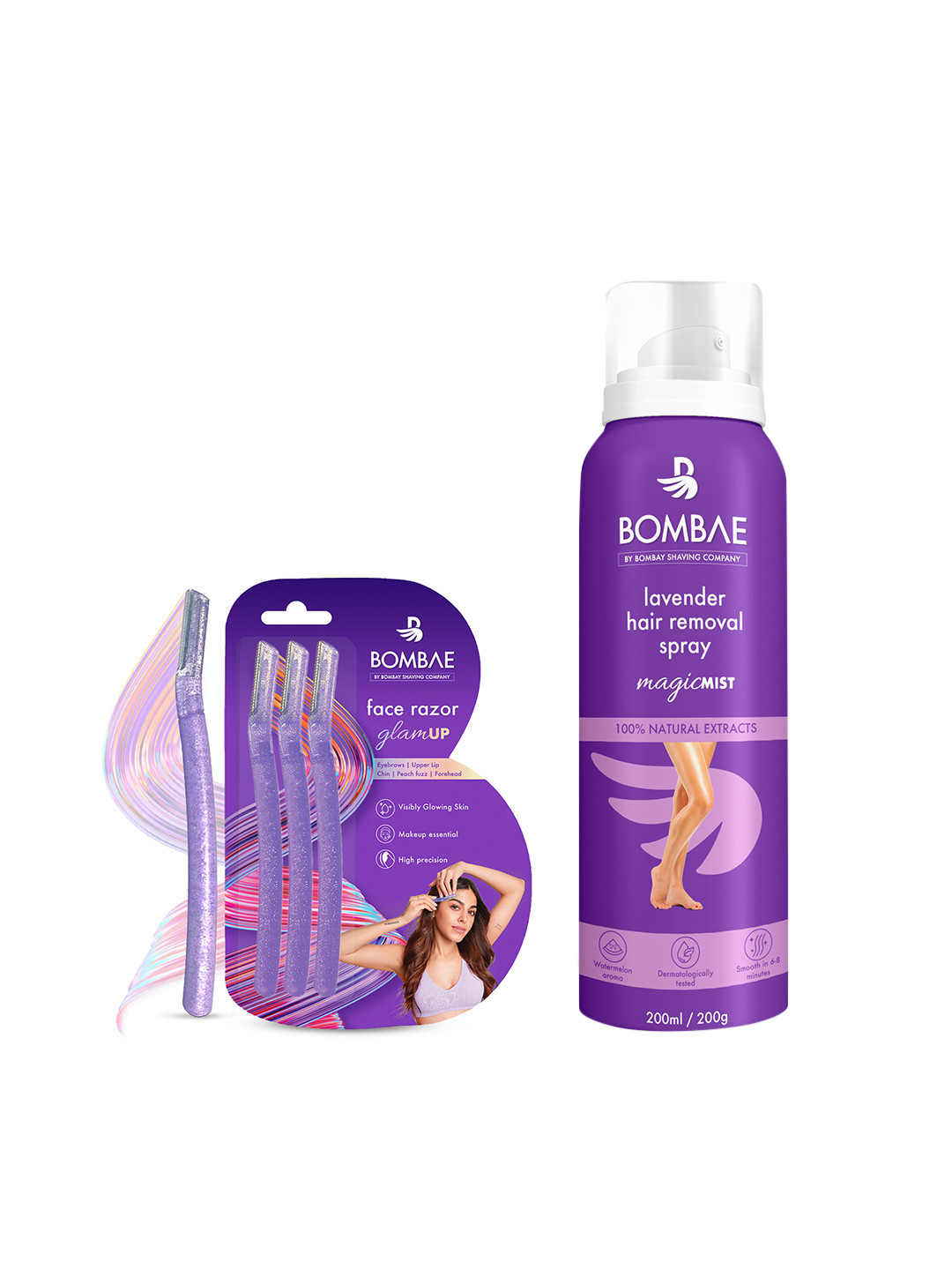

BOMBAE Glamup Face & Eyebrow Painless Glitter Razor & Lavender Hair Removal Spray, Purple