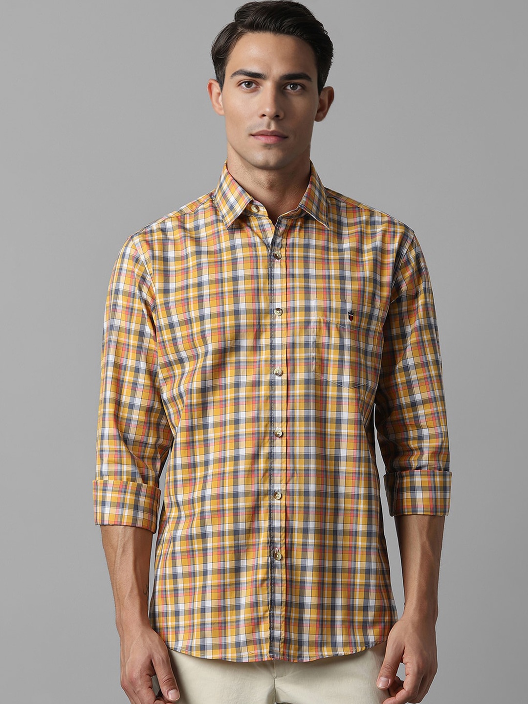 

Louis Philippe Sport Slim Fit Checked Spread Collar Long Sleeves Cotton Casual Shirt, Yellow