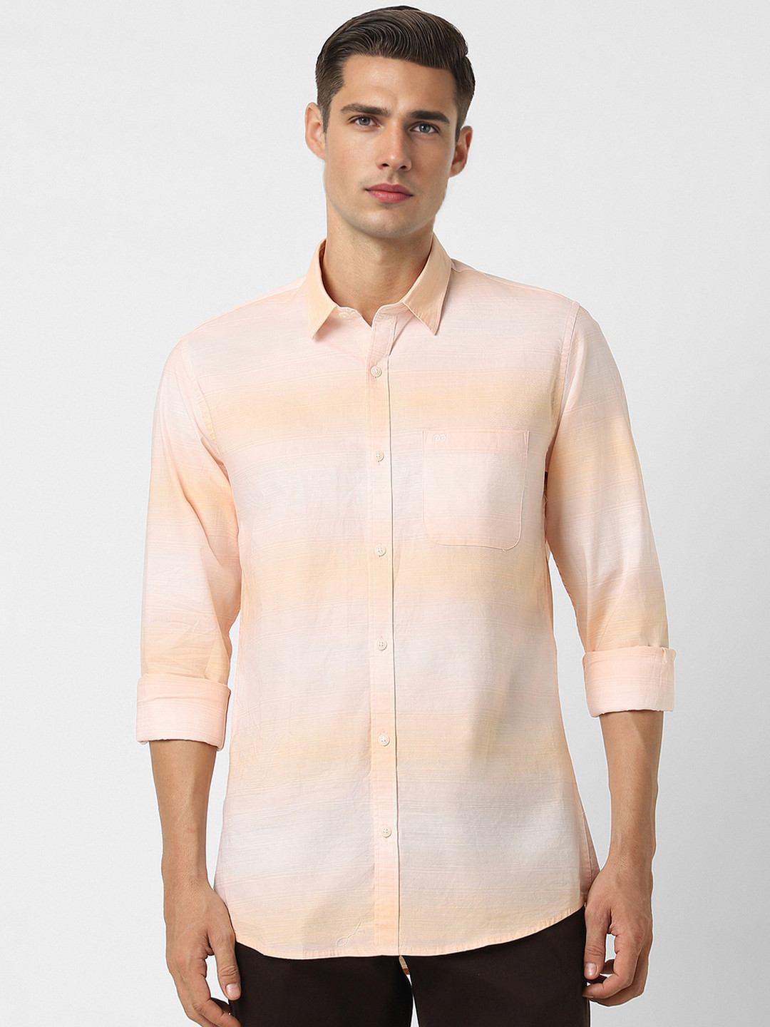 

Peter England Casuals Horizontal Striped Slim Fit Pure Cotton Casual Shirt, Peach