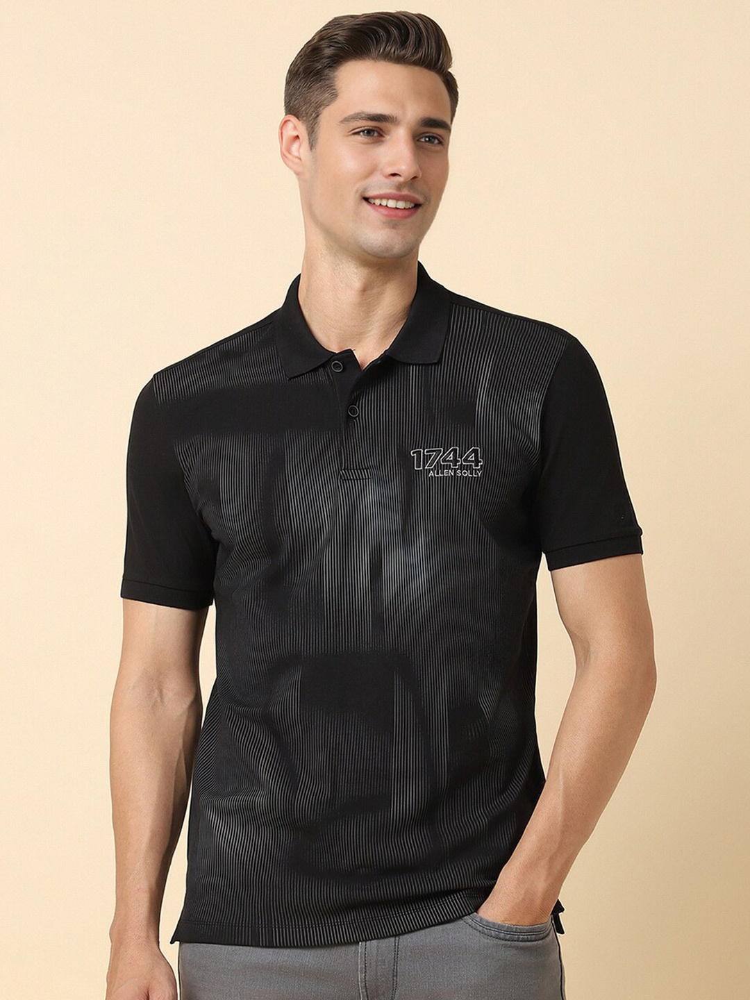 

Allen Solly Abstract Printed Polo Collar Cotton T-shirt, Black