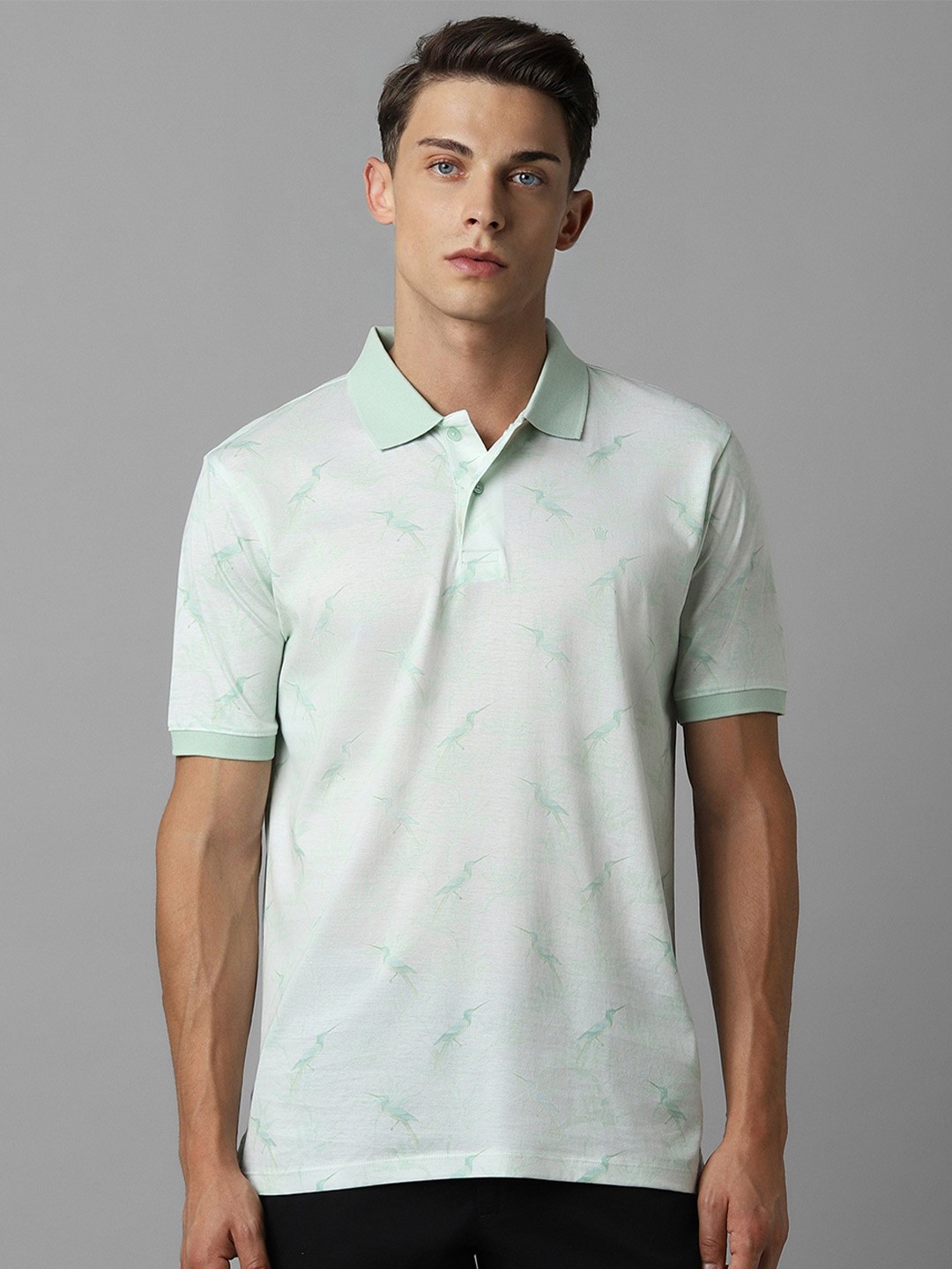 

Louis Philippe Sport Birds Printed Polo Collar Pure Cotton T-shirt, Green