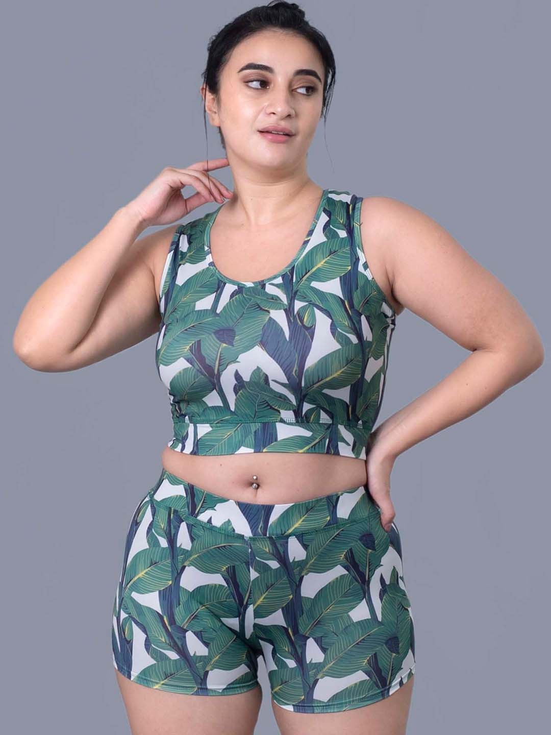 

Keepfit Floral Printed Medium Coverage Swim Set, Green