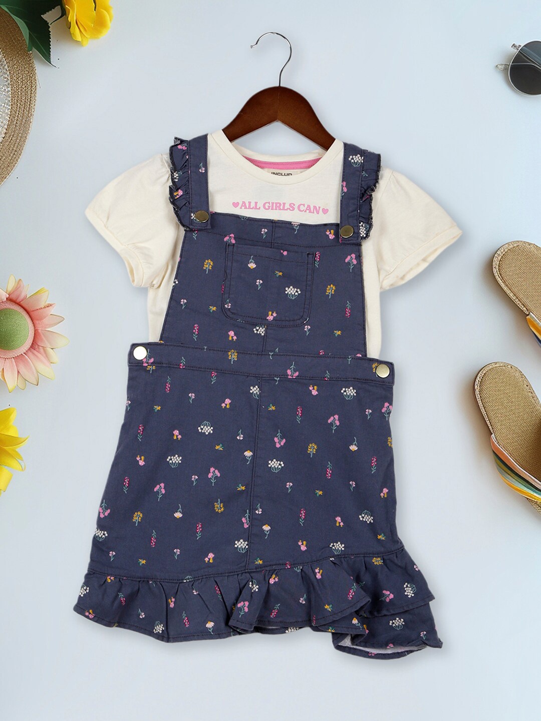 

INCLUD Floral Printed Shoulder Straps Cotton Pinafore Dress, Blue