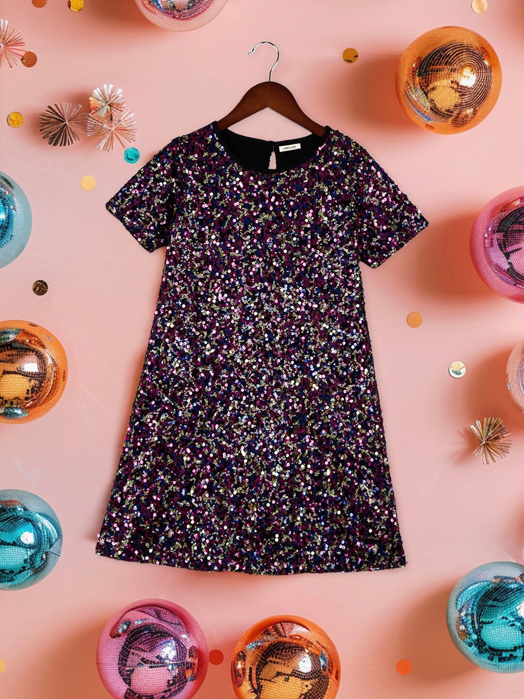 

INCLUD Graphic Printed Round Neck Short Sleeves Sequined A-Line Dress, Fuchsia
