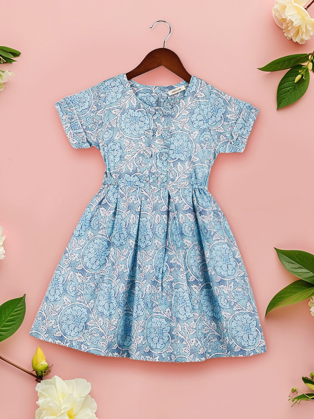

INCLUD Girls Floral Printed Fit & Flare Dress, Blue