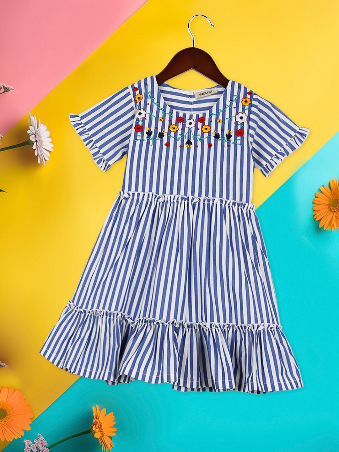 

INCLUD Girls Striped Short Sleeves Embroidered Detail Tiered Fit & Flare Dress, White
