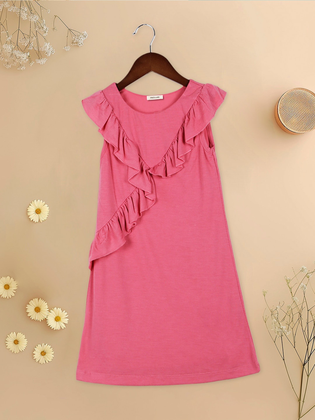 

INCLUD Girls Flutter Sleeves Ruffled A-Line Dress, Pink
