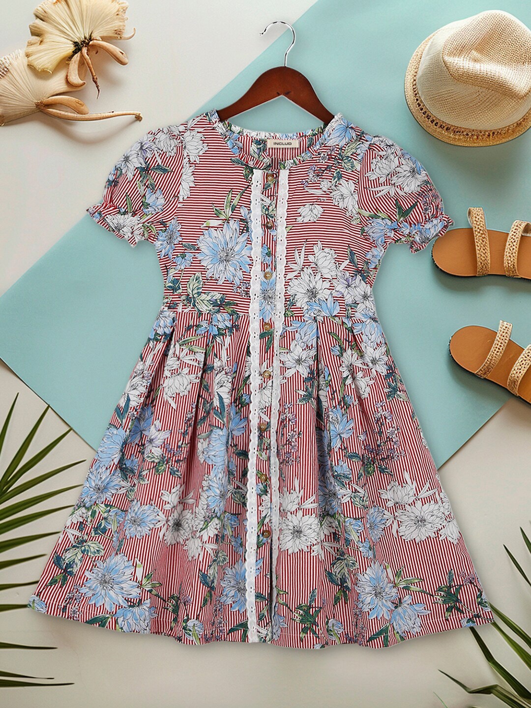 

INCLUD Girls Floral Print Puff Sleeve Fit & Flare Dress, Red