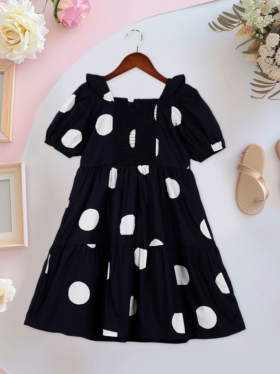 

INCLUD Girls Polka Dot Printed Cotton A-line Dress, Navy blue