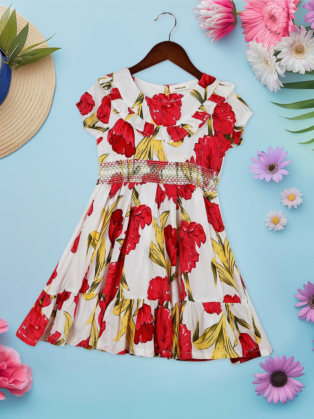 

INCLUD Floral Printed Round Neck Cap Sleeves Cotton Fit & Flare Dress, Fuchsia