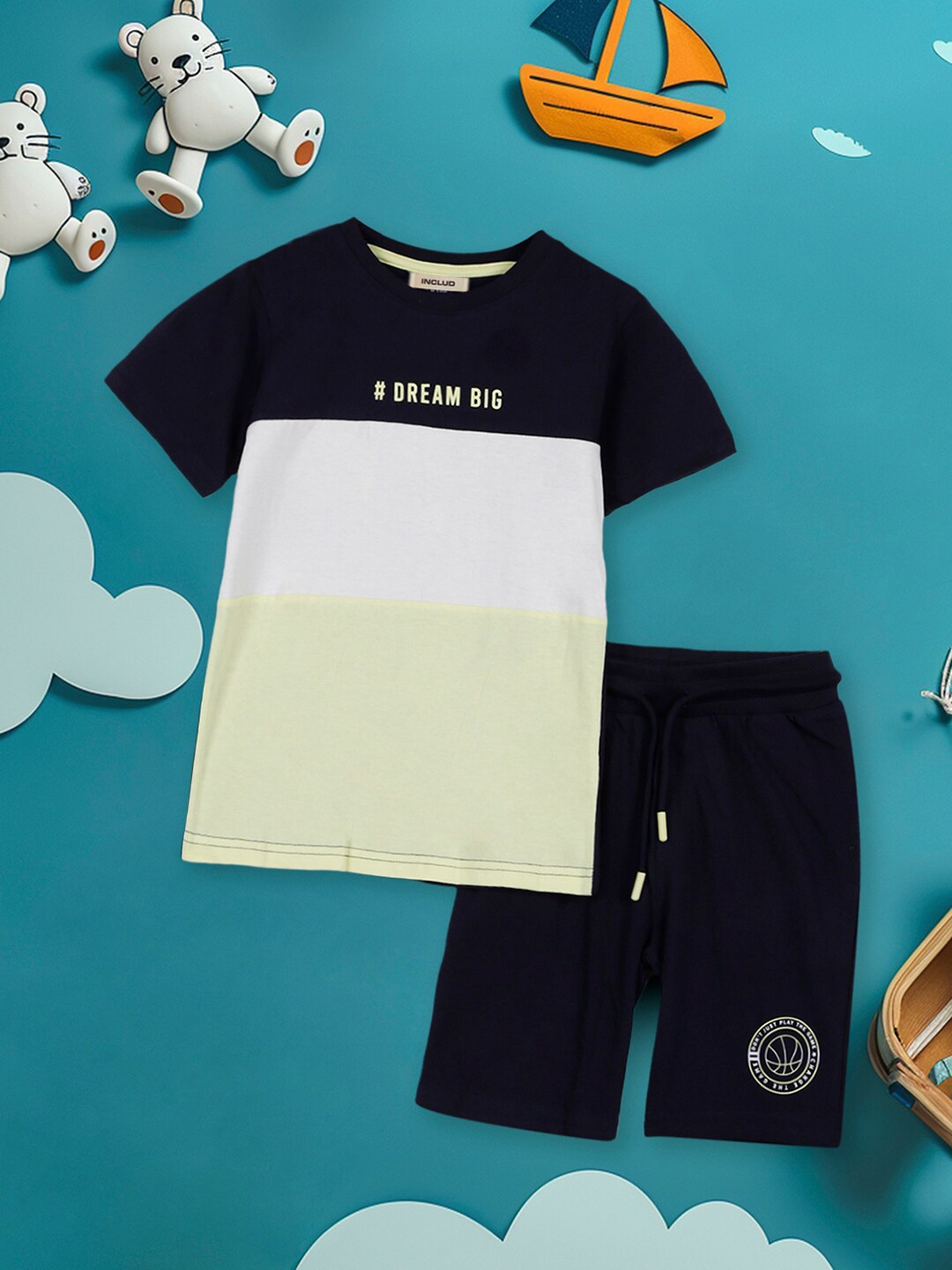

INCLUD Boys Colourblocked Round Neck T-shirt with Shorts, Navy blue