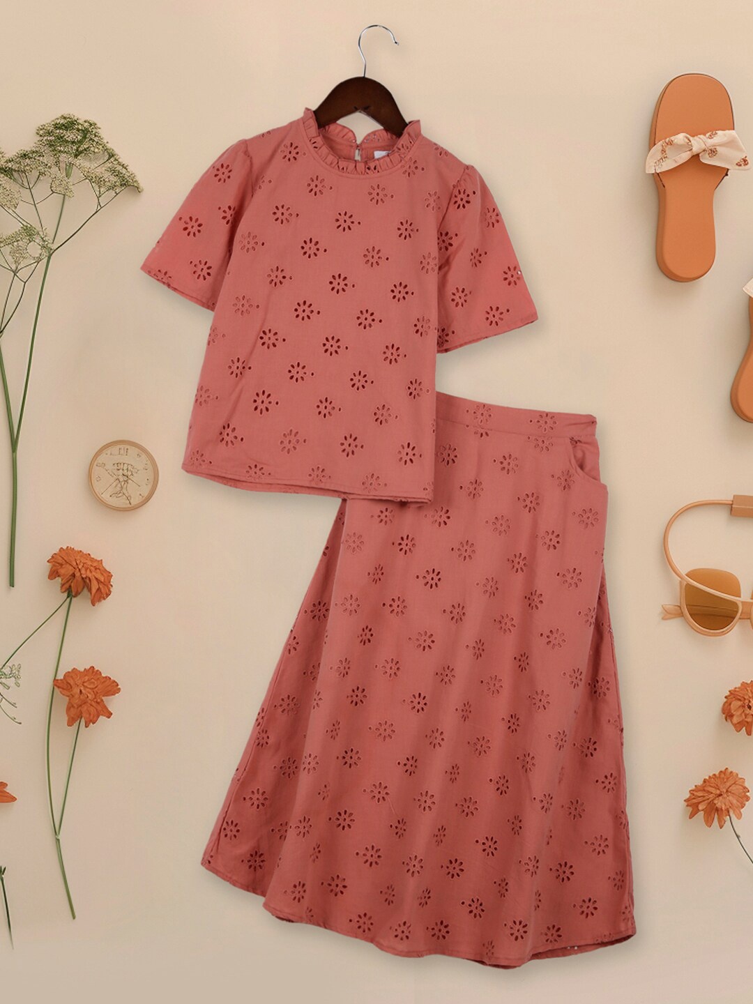 

INCLUD Girls Schiffli Top With Skirt, Peach