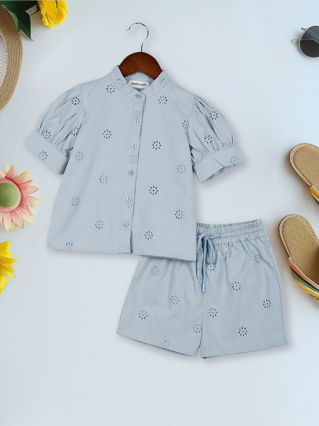 

INCLUD Girls Schiffli Mandarin Collar Shirt With Short, Blue