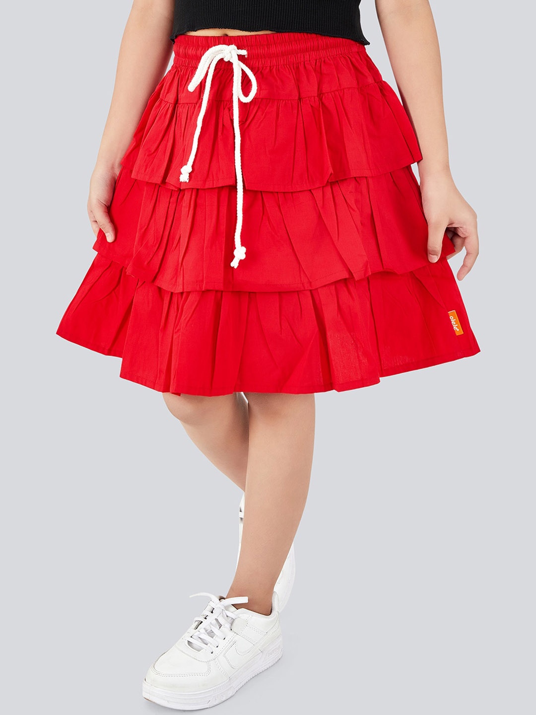 

Olele Girls Flared Knee Length Gathered or Pleated Tiered Cotton Skirt, Red