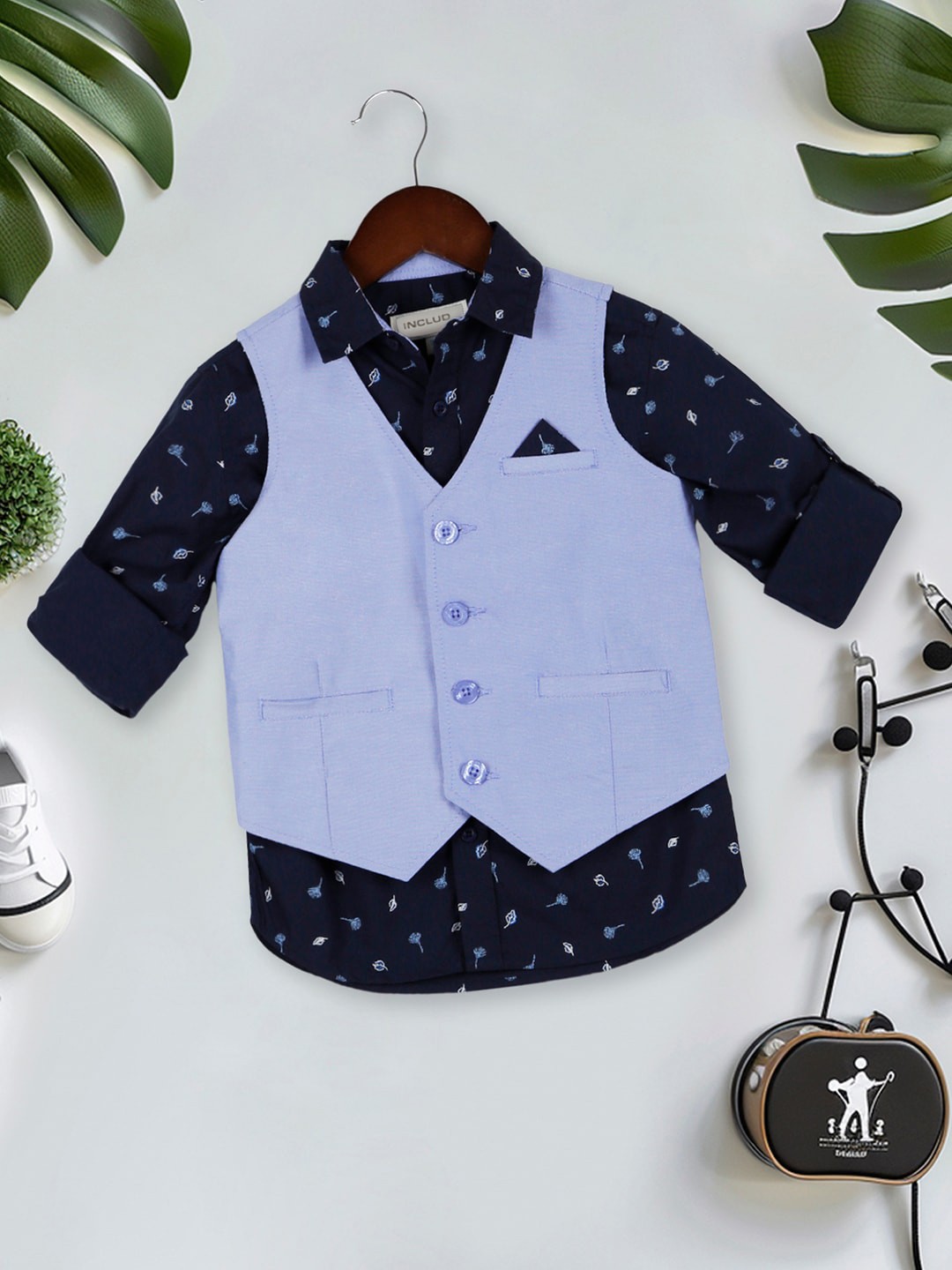 

INCLUD Boys Classic Comversational Printed Shirt With Waistcoat, Navy blue