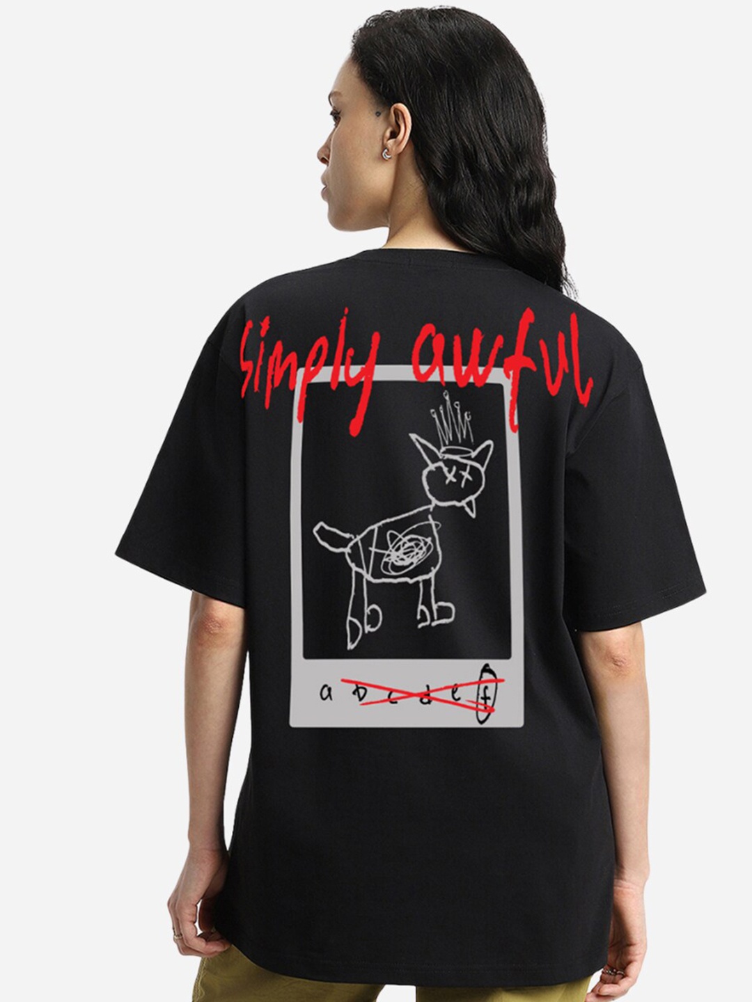 

VEIRDO Printed Round Neck Drop-Shoulder Sleeves Pure Cotton Oversized T-shirt, Black