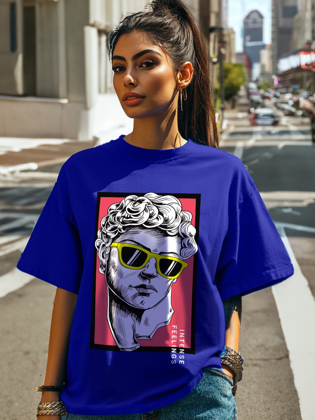 

VEIRDO Printed Round Neck Drop-Shoulder Sleeves Pure Cotton Oversized T-shirt, Blue