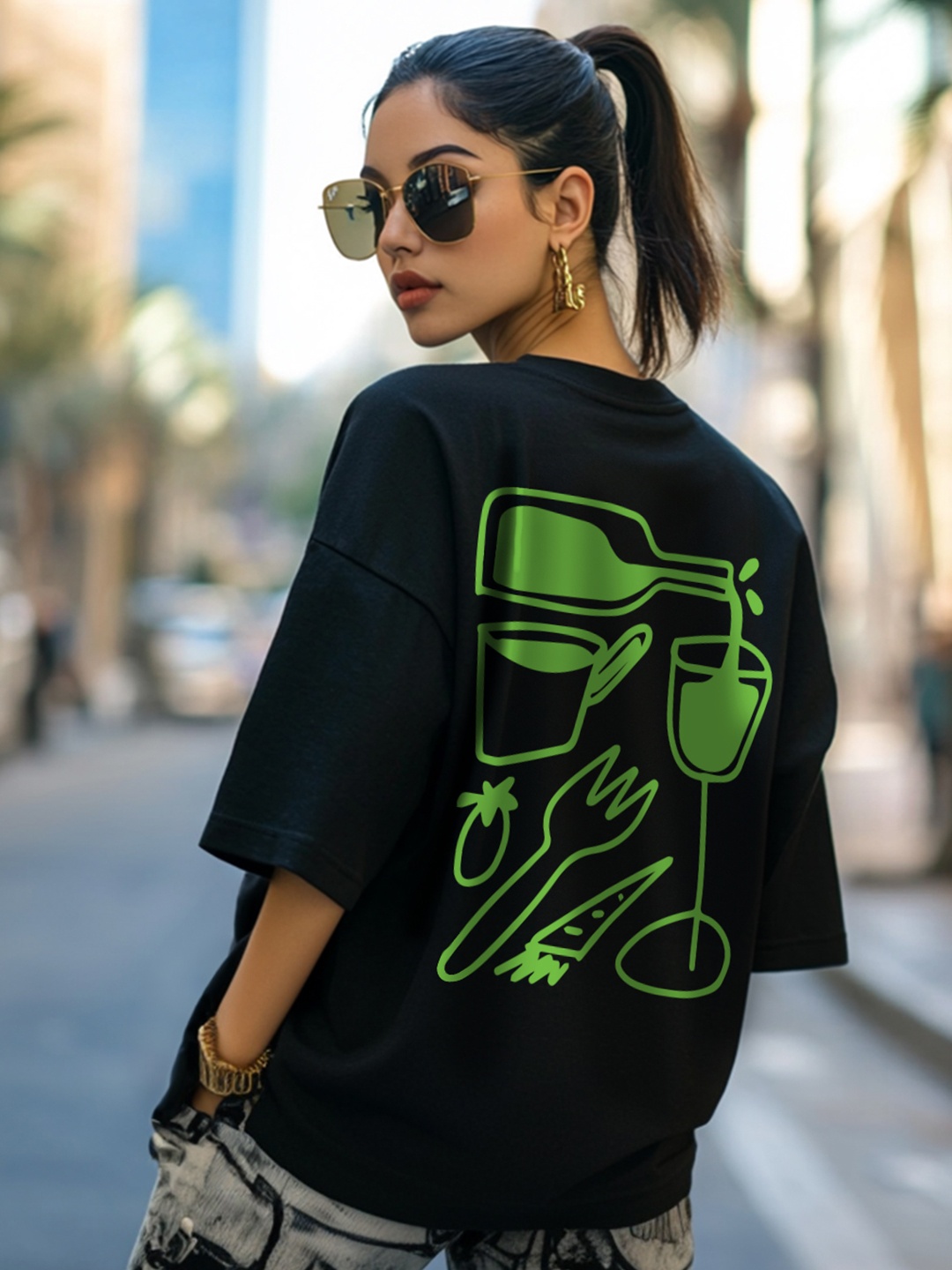 

VEIRDO Printed Round Neck Drop-Shoulder Sleeves Pure Cotton Oversized T-shirt, Black