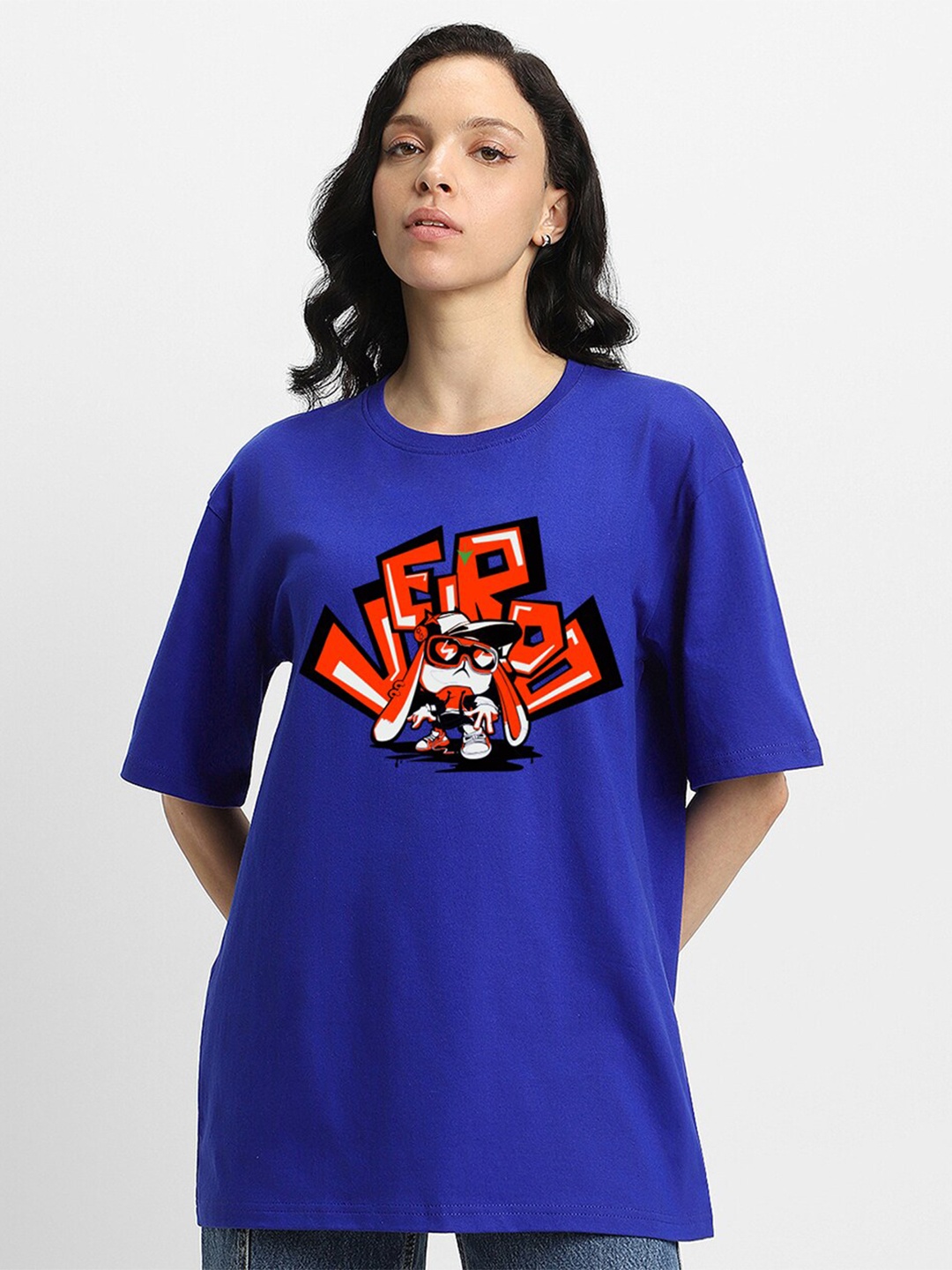 

VEIRDO Graphic Printed Round Neck Drop-Shoulder Sleeves Pure Cotton Oversized T-shirt, Blue