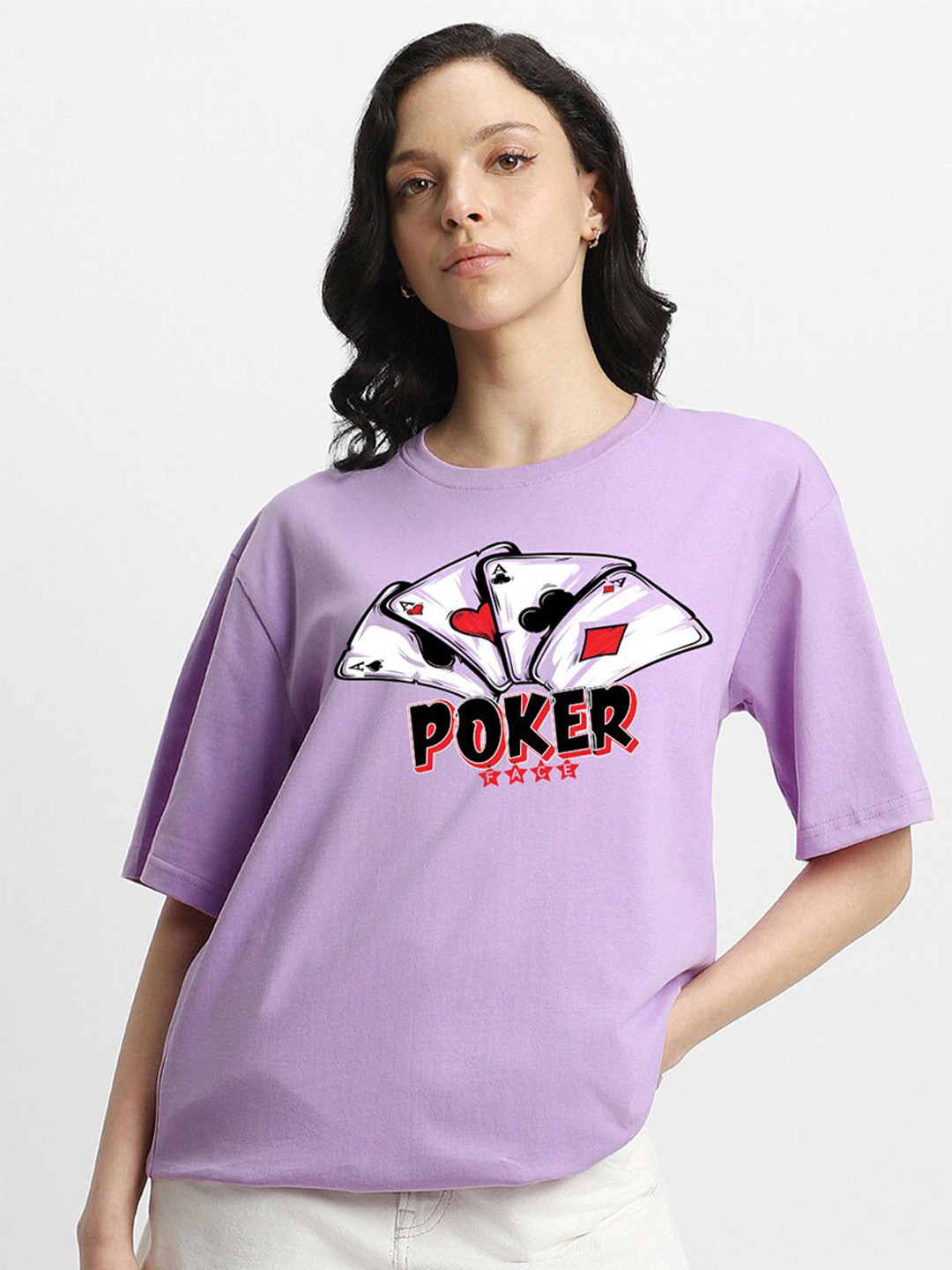 

VEIRDO Graphic Printed Round Neck Drop-Shoulder Sleeves Pure Cotton Oversized T-shirt, Purple