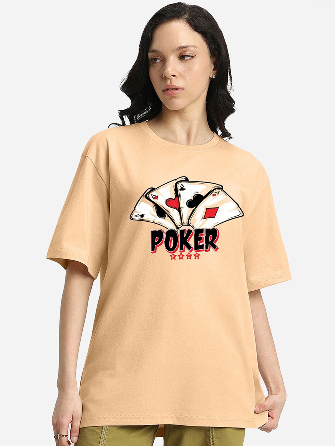 

VEIRDO Printed Round Neck Drop-Shoulder Sleeves Pure Cotton Oversized T-shirt, Beige