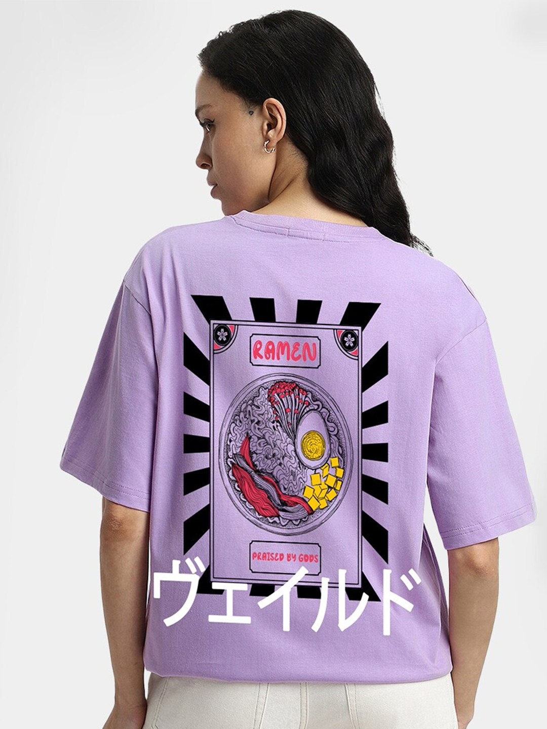 

VEIRDO Printed Round Neck Drop-Shoulder Sleeves Pure Cotton Oversized T-shirt, Purple