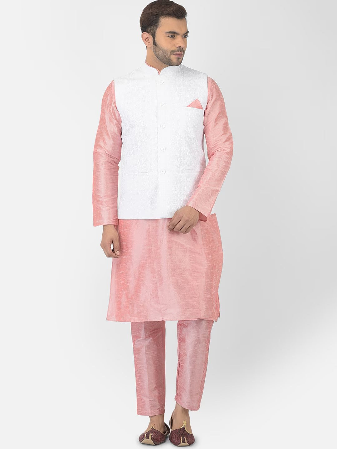 

DEYANN Mandarin Collar Kurta & Trousers with Nehru jacket, Pink