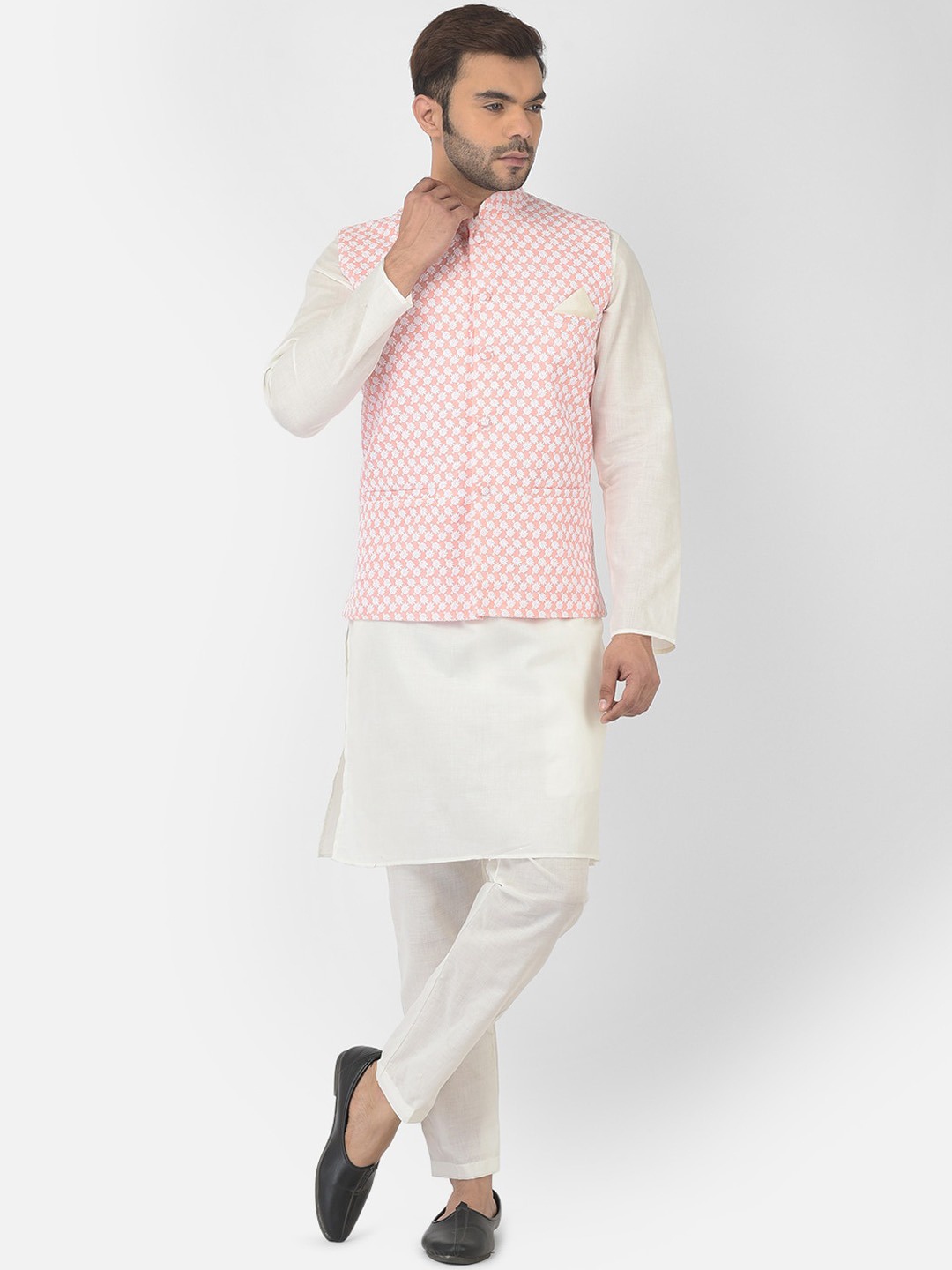 

DEYANN Pure Cotton Straight Kurta with Trousers With Nehru Jacket, White