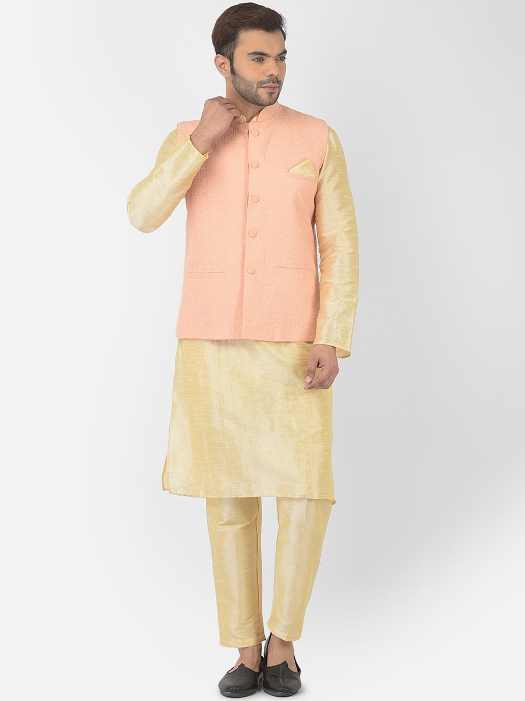 

DEYANN Mandarin Collar Straight Pure Cotton Kurta with Trousers, Peach