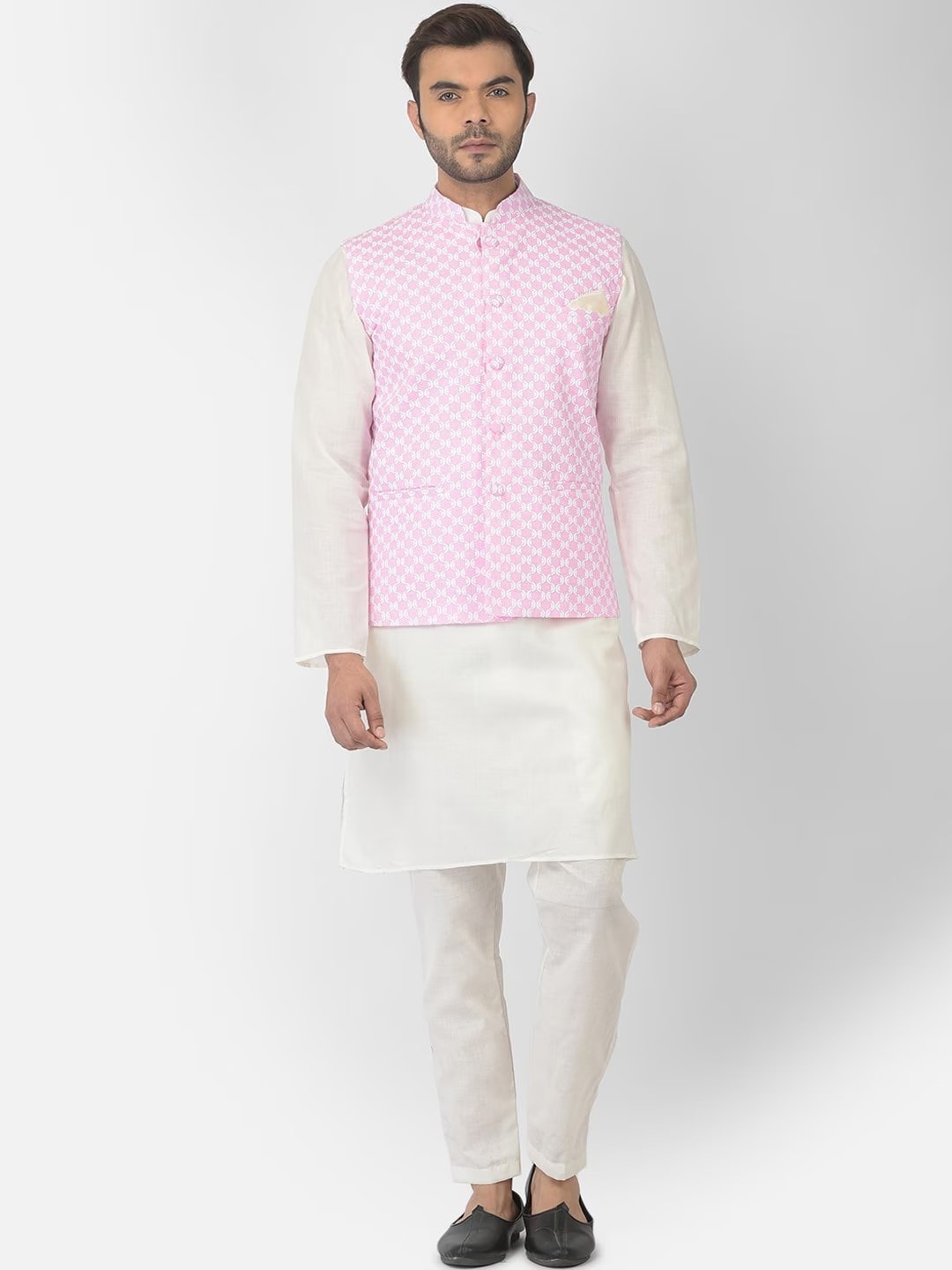 

DEYANN Mandarin Collar Pure Cotton Kurta & Trousers with Nehru jacket, Pink