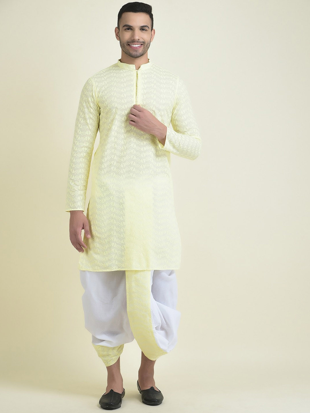 

DEYANN Ethnic Motifs Embroidered Straight Pure Cotton Kurta with Dhoti Pants, Yellow