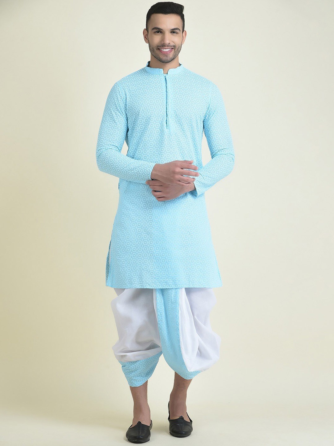 

DEYANN Geometric Embroidered Thread Work Pure Cotton Kurta with Dhoti Pants, Blue
